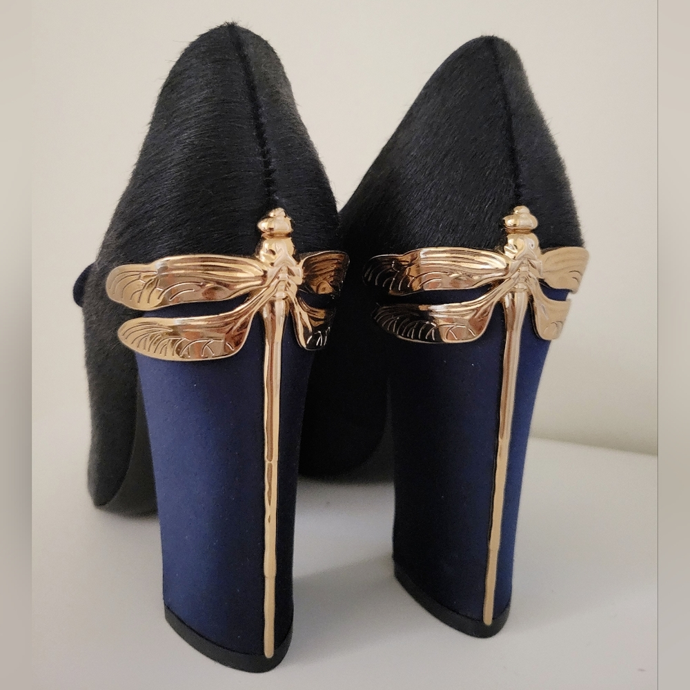 Tory Burch Black and Blue Heels with Gold Dragonfly Accent